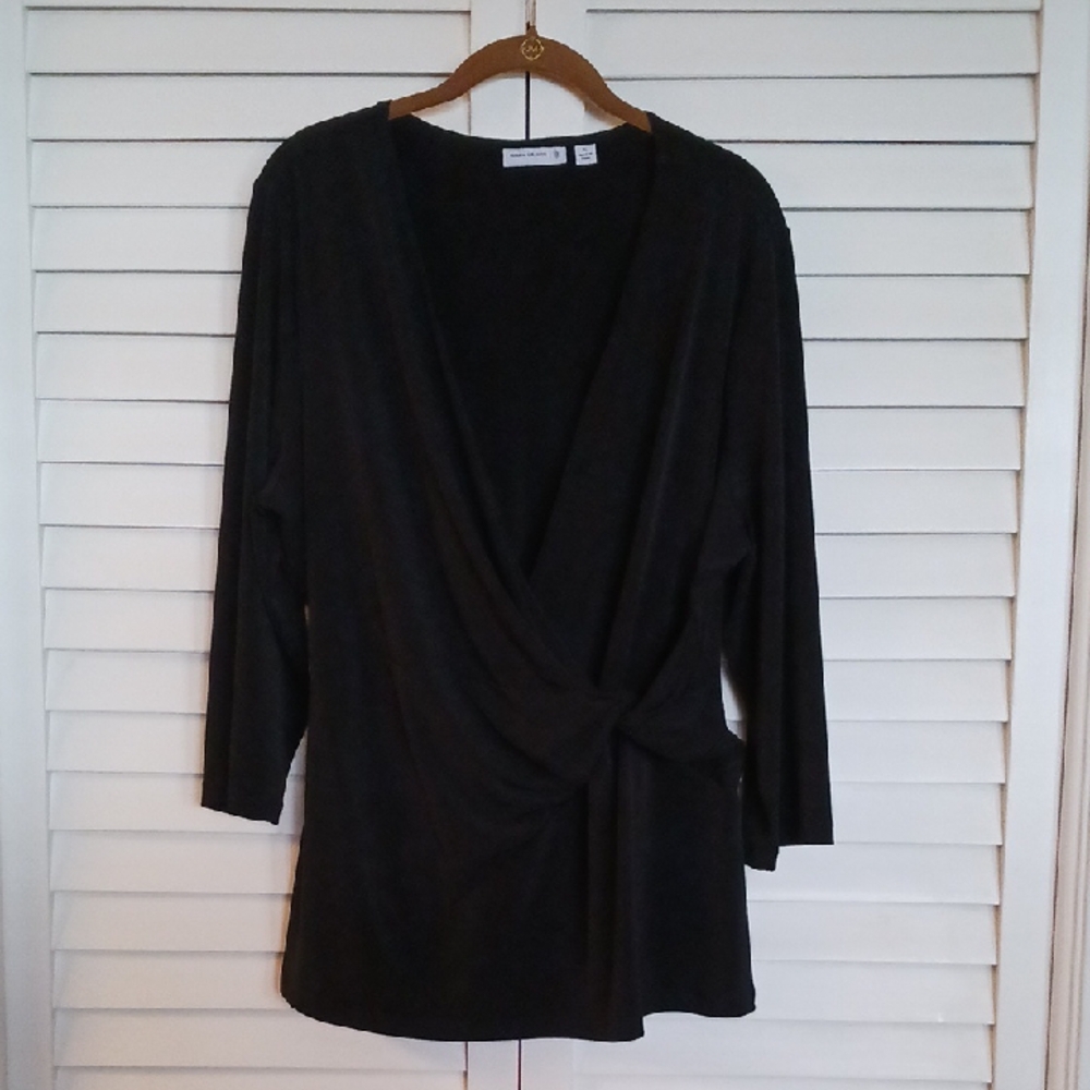 XL Susan Graver Black Liquid Knit Wrap Surplice Blouse